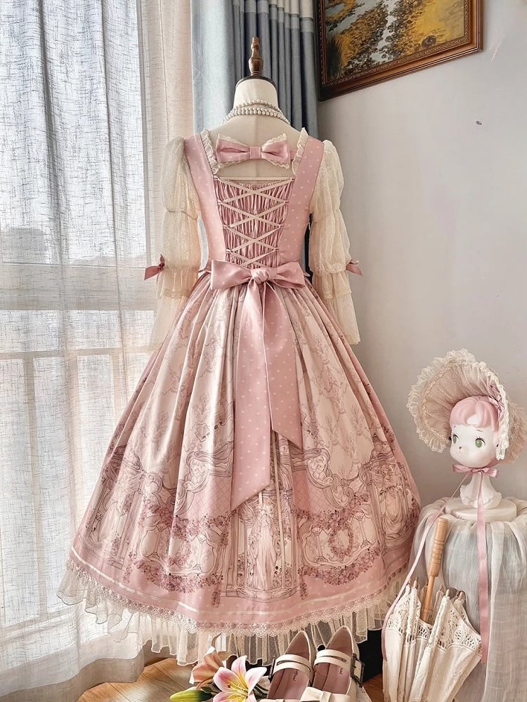 [Pre-order Deadline: April 26] Rococo Antique Lace Tiered Ribbon Pink Lolita Dress + Bonnet