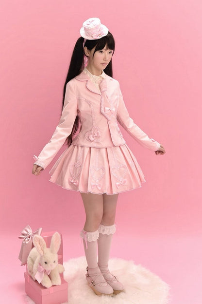 [Pre-order Deadline: June 28] Pink/Gray Vintage Lolita Heart Ribbon Tailored Jacket + Skirt + Tie