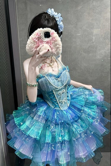 [Pre-order Deadline: April 14] Deep Sea Blue Pink Halter Lolita Corset Dress + Sleeves