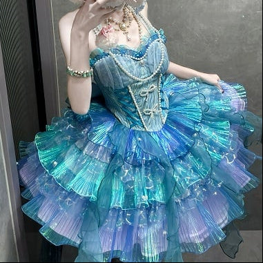 [Pre-order Deadline: April 14] Deep Sea Blue Pink Halter Lolita Corset Dress + Sleeves