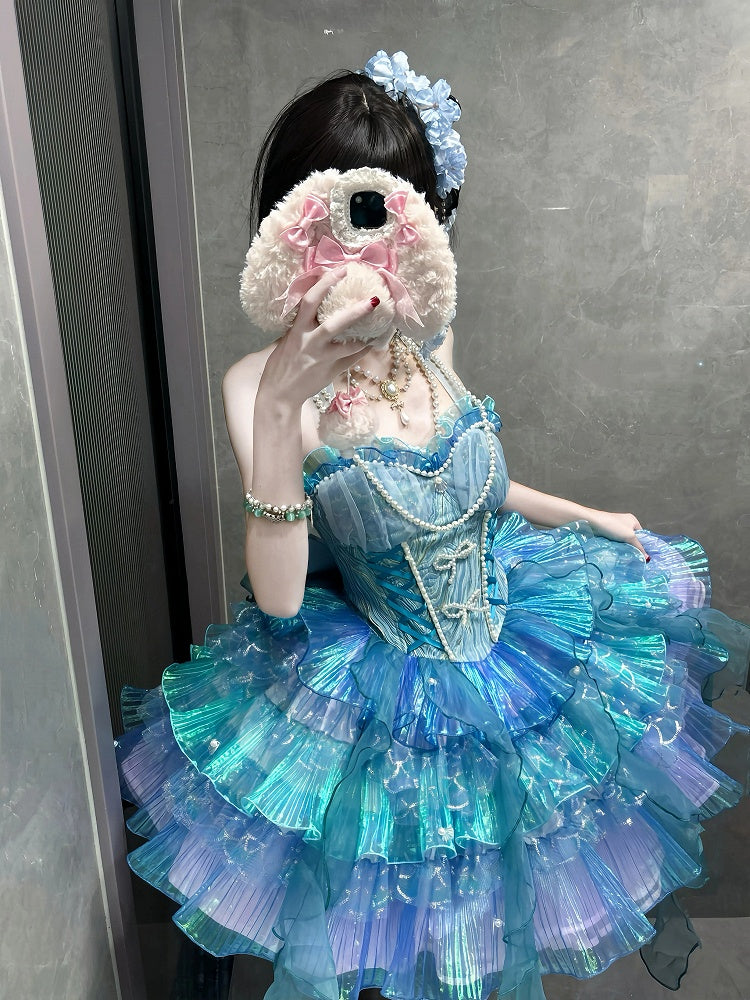 [Pre-order Deadline: April 14] Deep Sea Blue Pink Halter Lolita Corset Dress + Sleeves