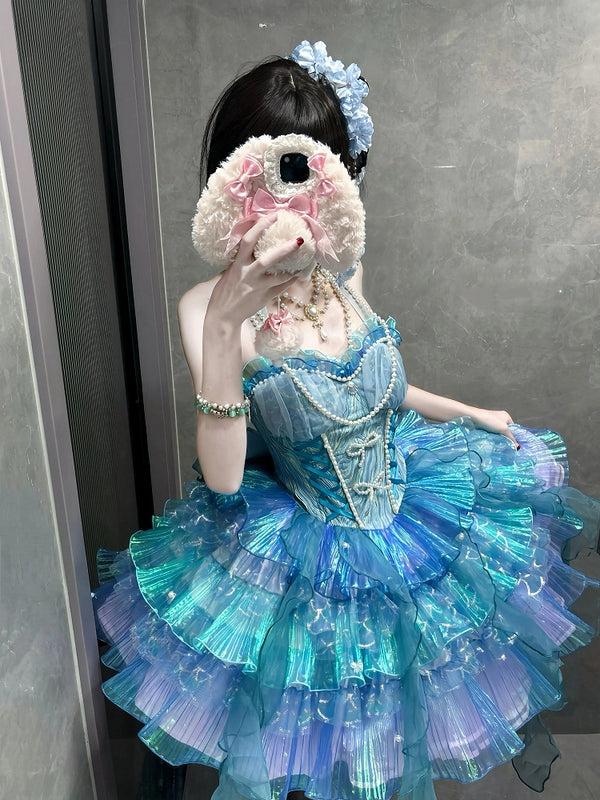 [Pre-order Deadline: April 14] Deep Sea Blue Pink Halter Lolita Corset Dress + Sleeves