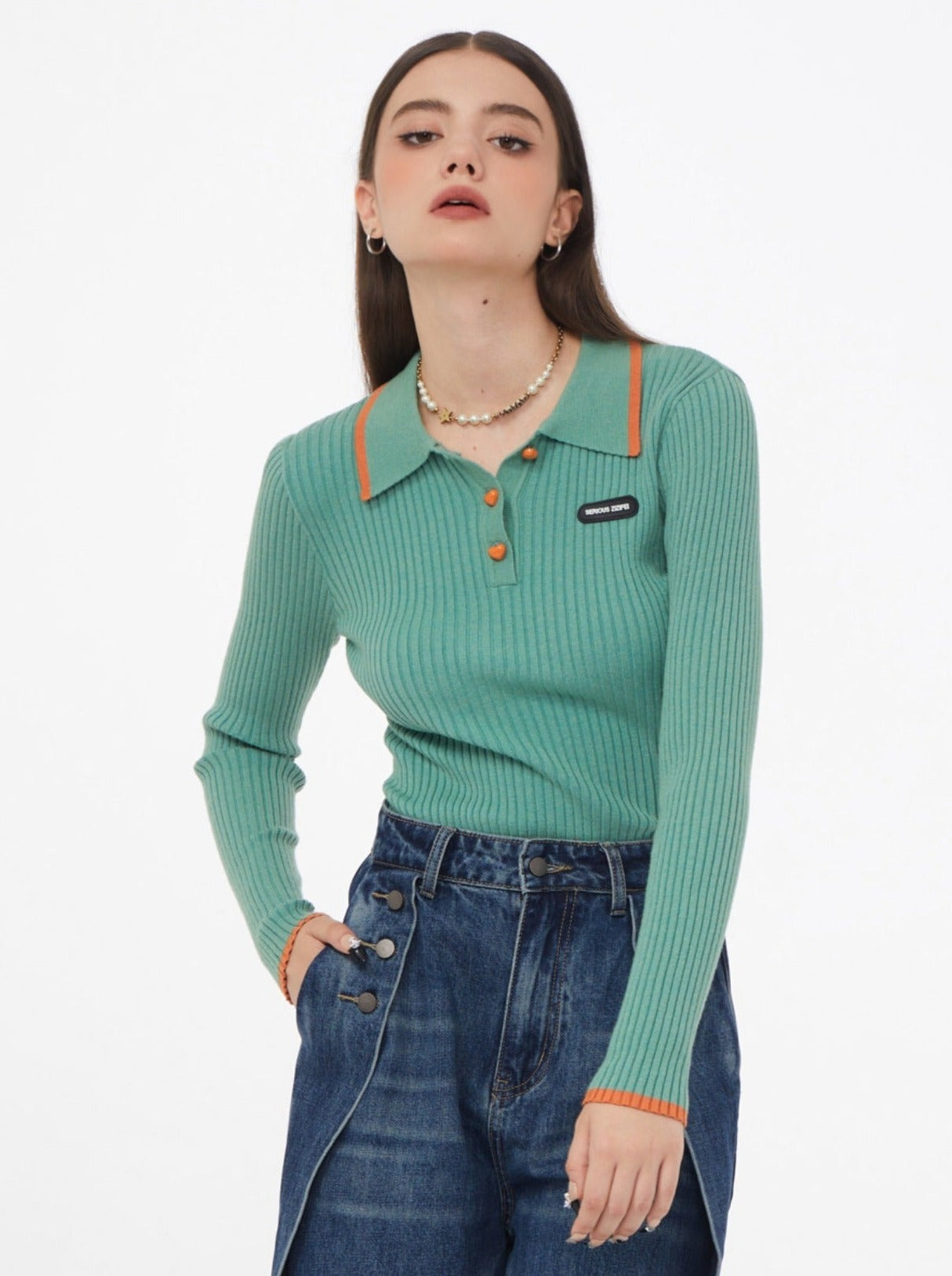 Slim American Retro Polo Collar Ribbed Top