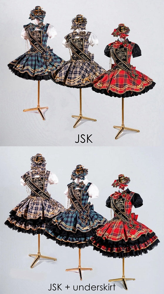 [Vorbestellung bis 18. Juli] Blau/Rot/Grün Idol-Lolita-Vintage-Karo-Goldbär-Schleifen-Spitzen-JKS-Kleid-Set 1/2/3 + Halsschleife