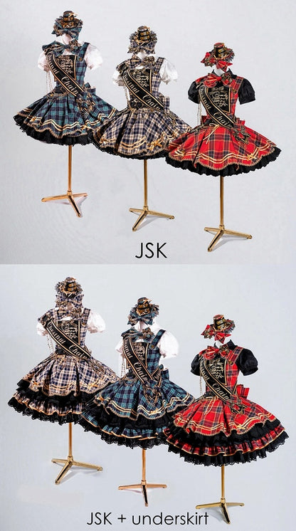 [Vorbestellung bis 18. Juli] Blau/Rot/Grün Idol-Lolita-Vintage-Karo-Goldbär-Schleifen-Spitzen-JKS-Kleid-Set 1/2/3 + Halsschleife