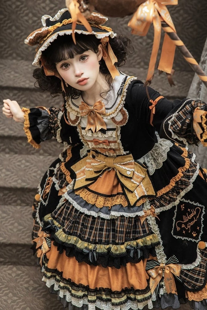 [Reservierungsschluss 8. September] Classic Bear Lolita-Stufenkleid mit weißem Kragen, Karomuster, Spitze und Schleife+Vintage-JSK-Kleid mit Teddybär-Print und Spitze+Vintage-Lolita-Kleid mit Teddybär-Print, Karokragen und klassischem Karomuster