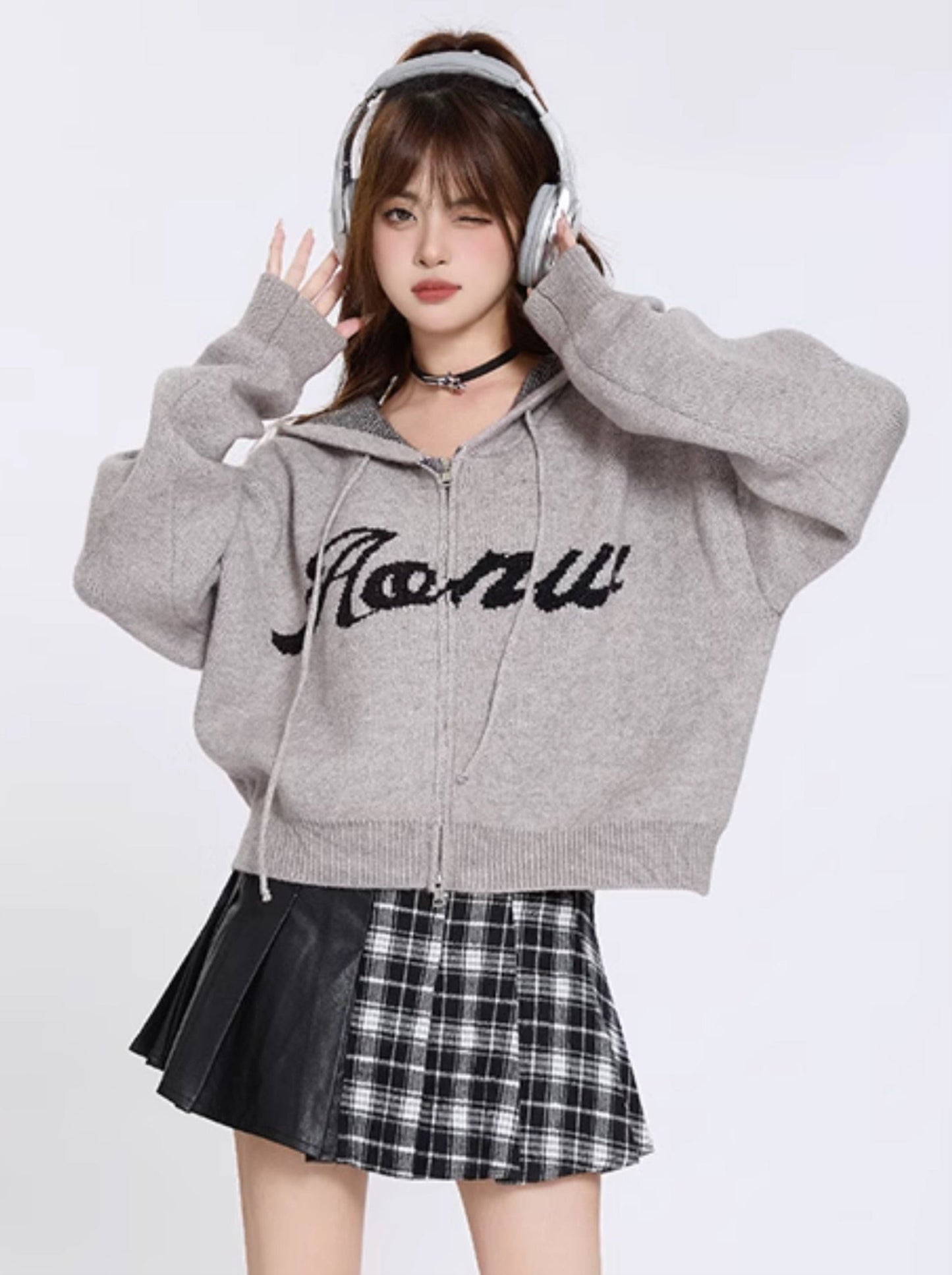 Double Zipper Short Jacket Hooded Knit Cardigan