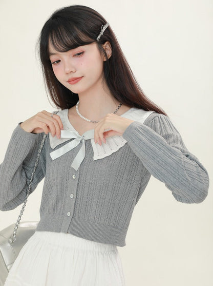 White Color Floral Gray Ribbon Knit Cardigan Top