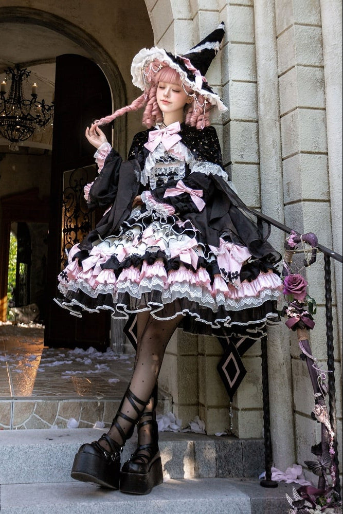 [Date limite de précommande : 14 septembre] Ensemble complet Gothic Black Pink Witch : robe JSK à croix + grande traîne à nœud + cape à capuche + manches amovibles + chapeau de sorcière + manches extérieures