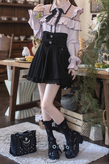 [Termine prenotazione 29 settembre] Blusa rosa in pizzo trasparente con volant e fiocco gioiello + gonna a sirena in tulle a strati + minigonna in pizzo con fiocco gioiello