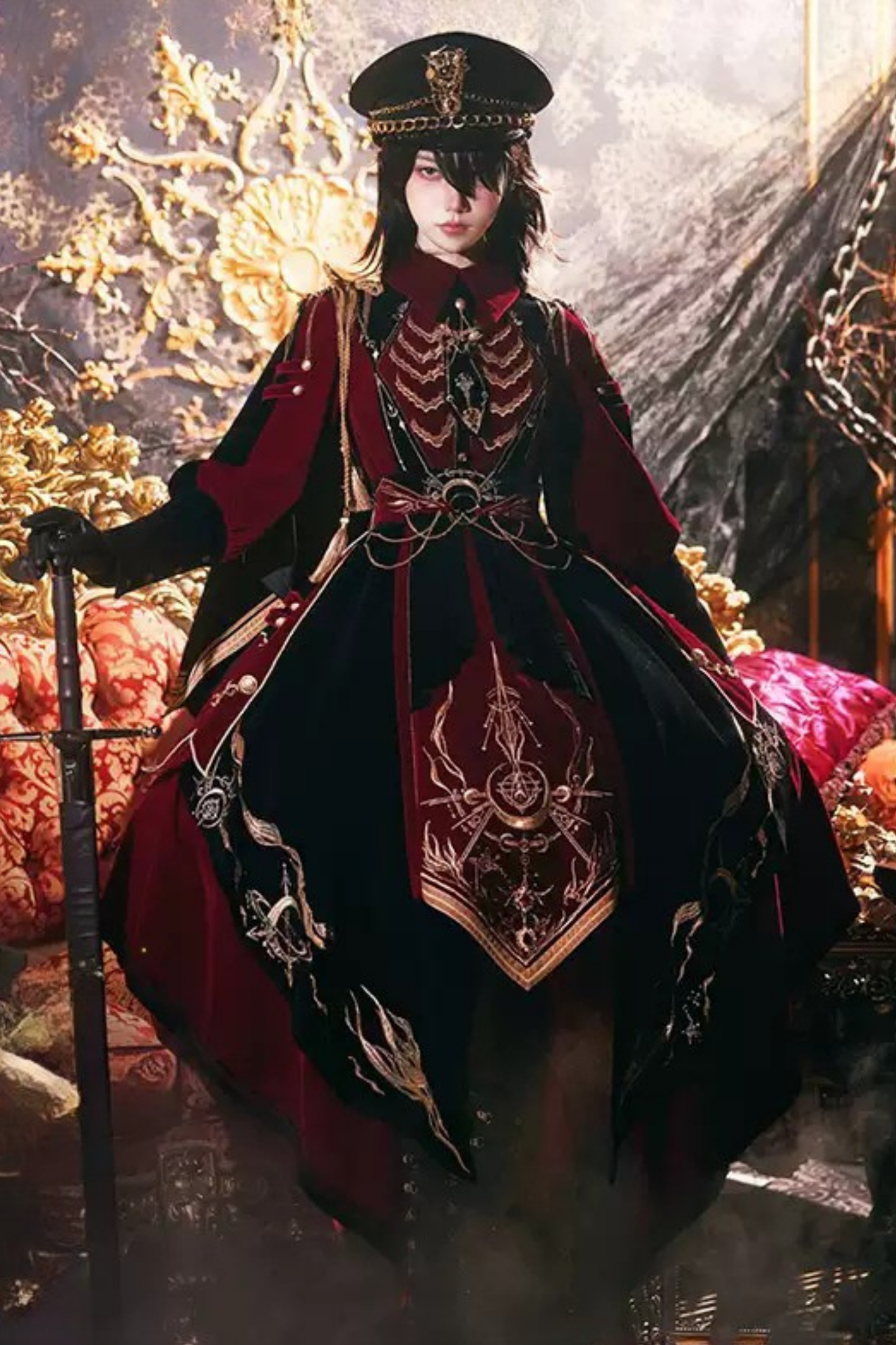[Pre-order Deadline: November 16] Holy Army Red Black Embroidery Military Uniform Cape Dress Complete Set + Dress Set