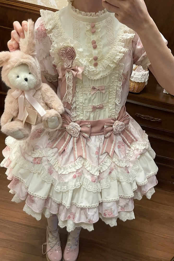 [Reservierungsschluss 7. September] Pink-blaues süßes Lolita-Stufenkleid mit romantischem Rosenprint