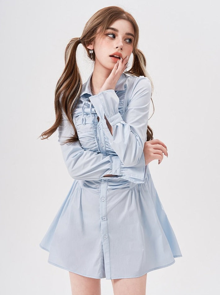 Voluminous Frilled Pleated Shirt Dress