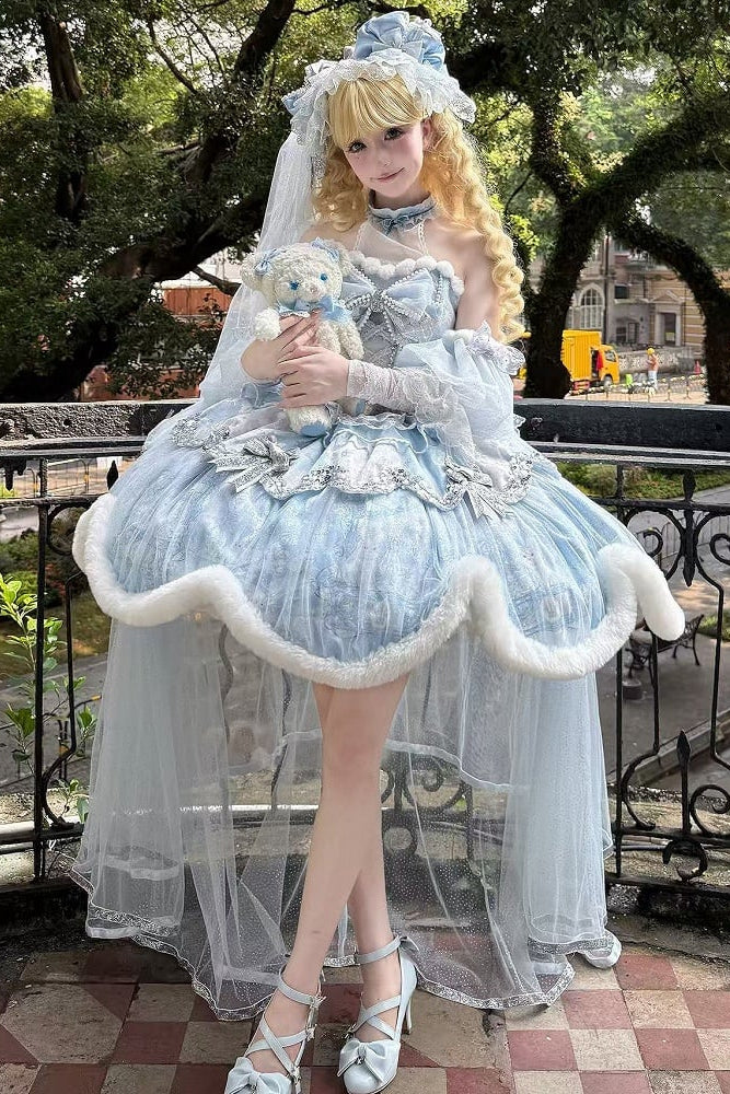 [Deadline for reservations: December 10] Snow Rabbit Ball Blue and Silver Halter Neck Fur Dress Complete Set