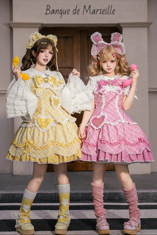【5月10日予約締切】ブルー/イエロー/ピンクスウィートハートロリータ＋レースリボンJKSドレス＋うさ耳パフスリーブブラウス＋うさ耳フルセット＋猫耳フルセット
