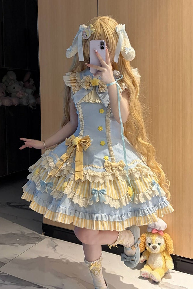 [Reservierungsschluss 22. Juni] Süßes Lolita-Stufenkleid in Pastell und Schwarz mit Sternen und Schleifen