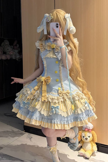 [Reservierungsschluss 22. Juni] Süßes Lolita-Stufenkleid in Pastell und Schwarz mit Sternen und Schleifen