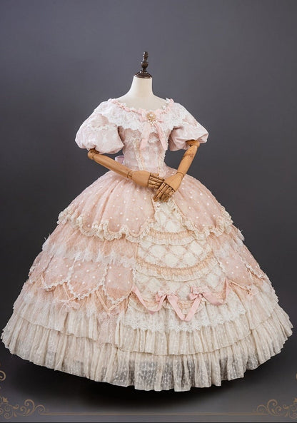 【9月10日予約締切】Pink/Blue Rococo Fantasy Puff Sleeve Ribbon Tiered Princess Lolita Dress Bridal＋Full set[Op Dress + Feather Hat + Choker + Back Ribbon Train + Lace Gloves]