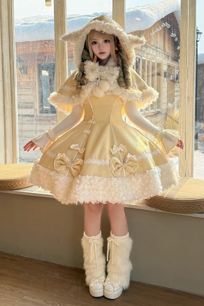 【11月7日予約締切】Yellow/Pink Sweet Lolita Lace Ribbon Fluffy Hem JSK Dress + Ruffle Neck Ribbed Bell Sleeve Top