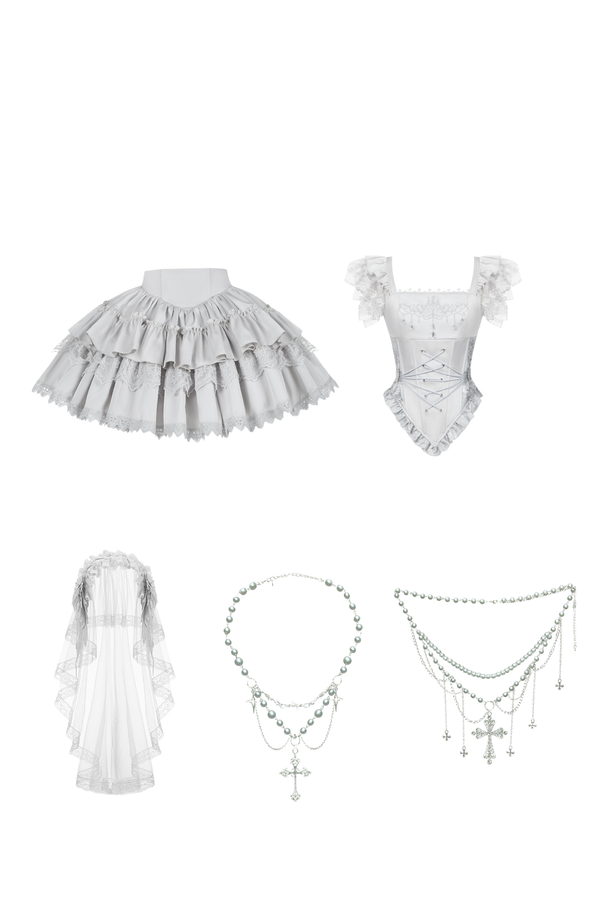 ゴシックロリータスカート+コルセット+ベール+ネックレス+ウエストチェーン