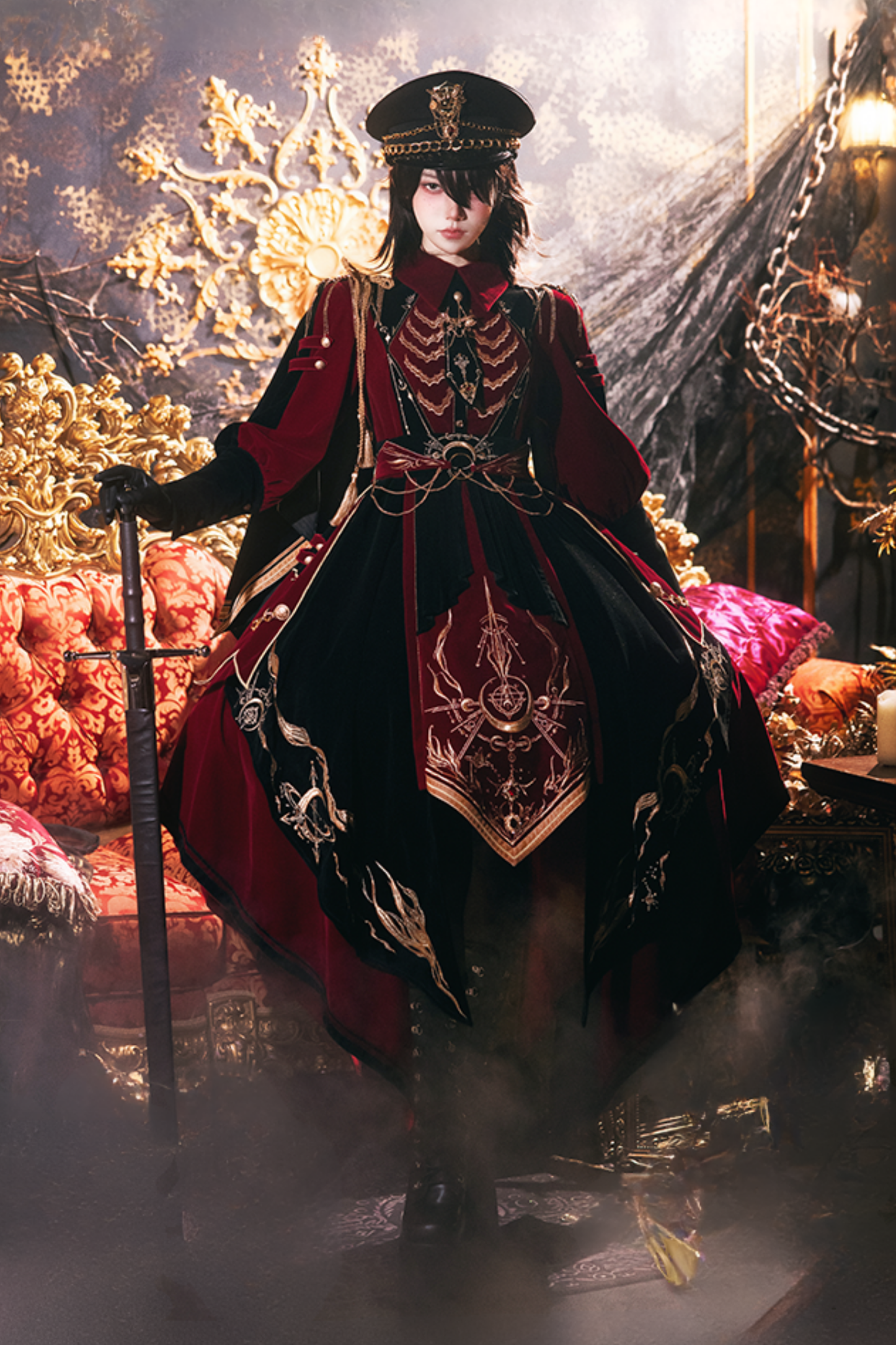 [Pre-order Deadline: November 16] Holy Army Red Black Embroidery Military Uniform Cape Dress Complete Set + Dress Set