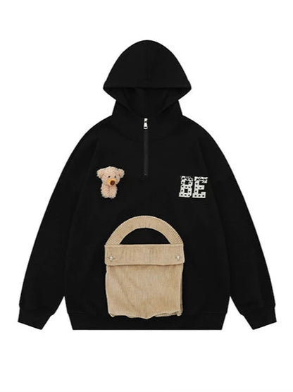 Retro Bear Brooch Corduroy Pockets Design Loose Hooded Sweatshirt