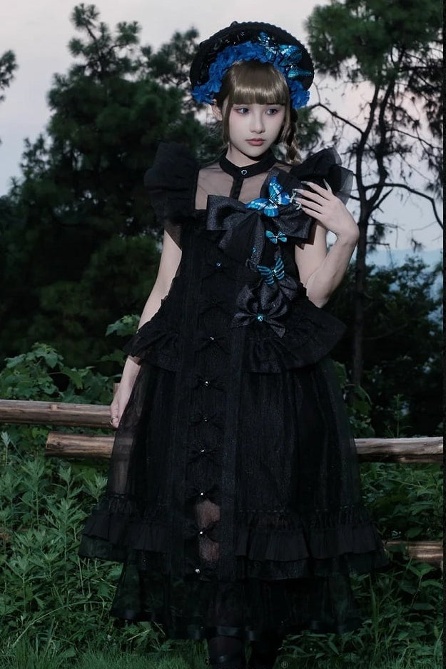 [Vorbestellfrist: 1014] Schwarz/weißes Gothic-Lolita-Set aus Puppenkleid mit Schmetterlingsschleife, Bandkragen und Flatterärmeln + Puppenkleid mit eckigem Ausschnitt und Flatterärmeln