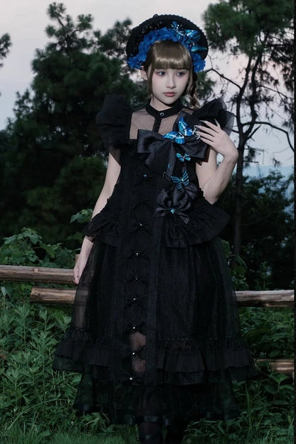 [Vorbestellfrist: 1014] Schwarz/weißes Gothic-Lolita-Set aus Puppenkleid mit Schmetterlingsschleife, Bandkragen und Flatterärmeln + Puppenkleid mit eckigem Ausschnitt und Flatterärmeln
