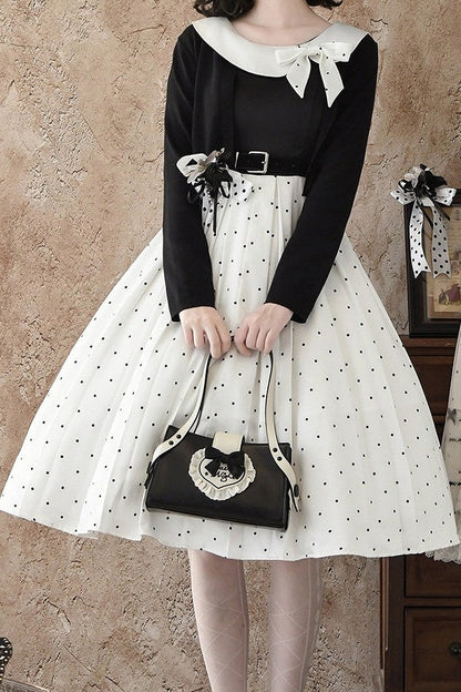 [Reservierungsfrist: 17. August] Elegantes klassisches Lolita-Kleid mit Polka Dots und Schleife (mit Schnallengürtel & Schleifenbrosche)
