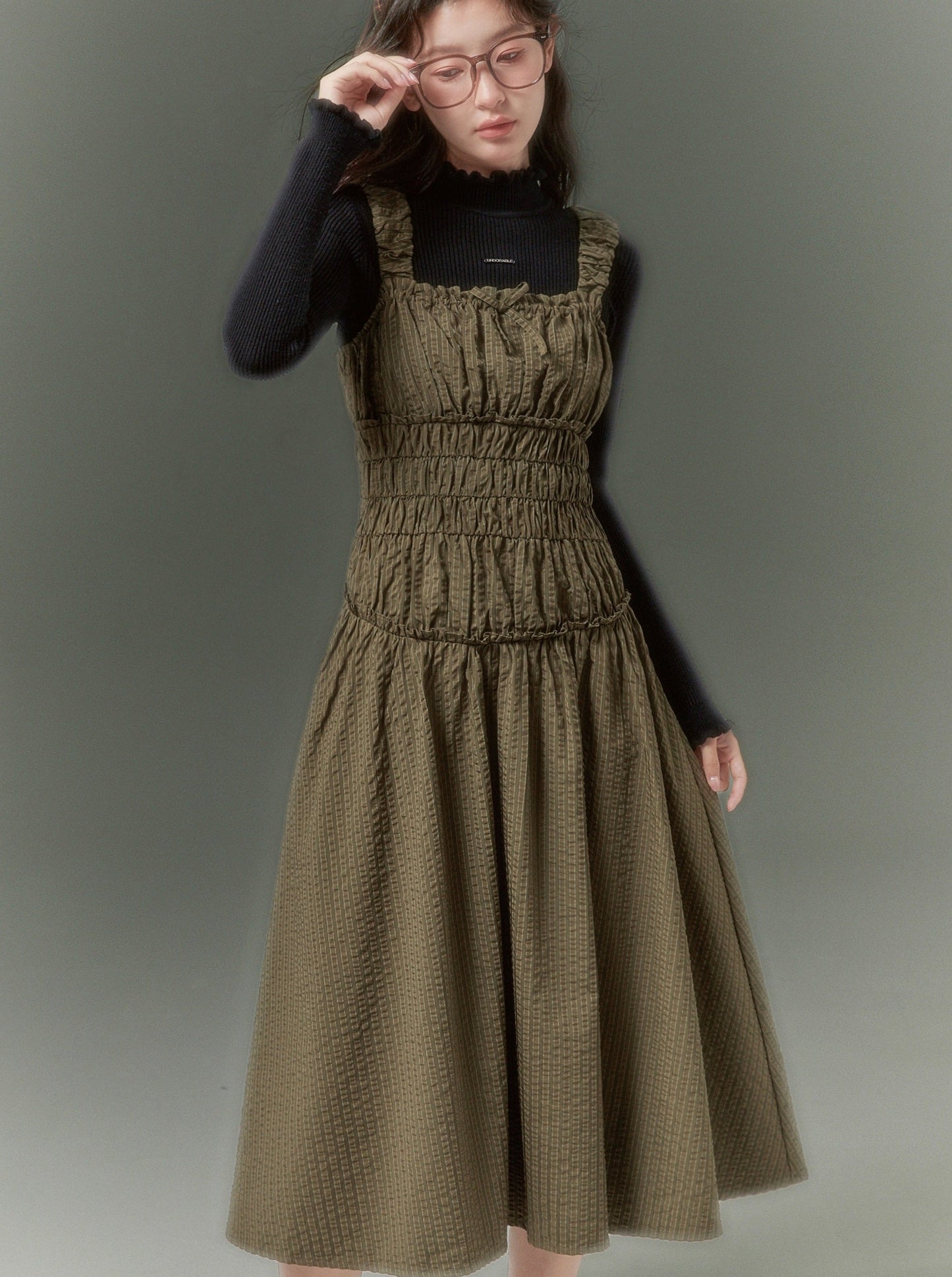 Dark Green Pleated Suspender Dress