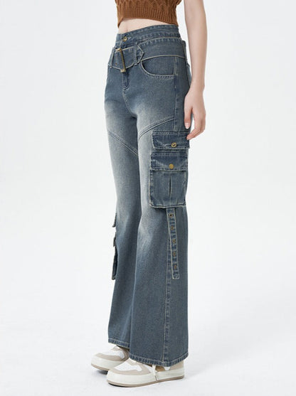 Retro wash design street belt flared denim