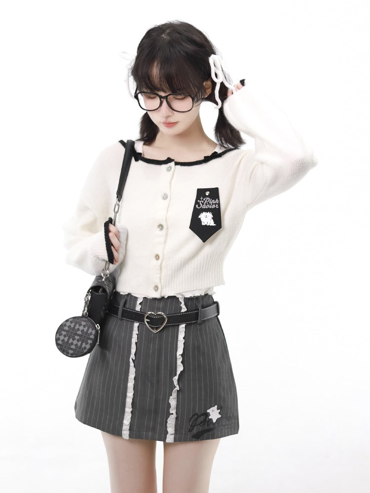 Pinkavior Line Puppy Winter Knit Soft Brooch Adorned Grey & White Cardigan