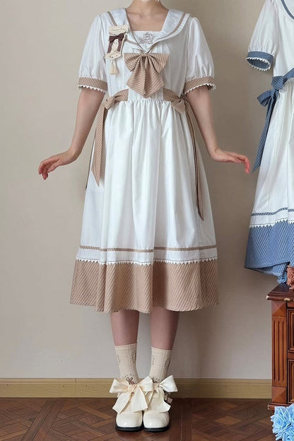 [Reservierungsschluss 28. Juni] 5 Farben/Sailor-Lolita-Streifenkleid mit Schleife und Puffärmeln