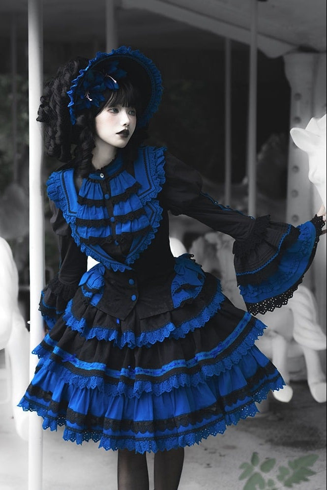 [Vorbestellfrist: 13. Juli] Kleinblaue Gothic-Lolita-Rüschen-Stufenkleid-Komplettset