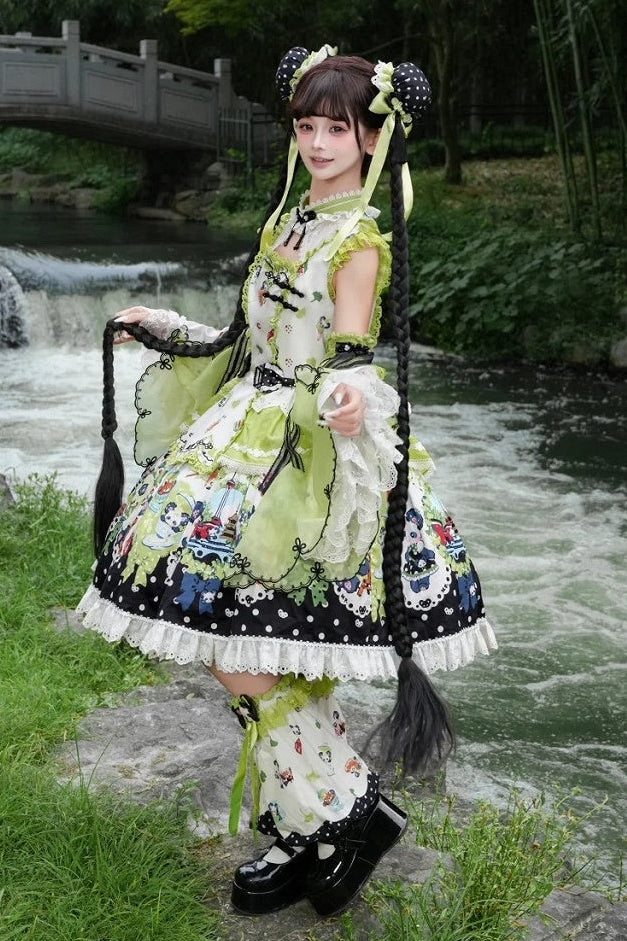 [Pre-order Deadline: October 25] Pink/Green Chinoiserie Lolita Sweet Panda Print Flutter Sleeve Lace Trim Dress + Detachable Flared Sleeves + Leg Covers