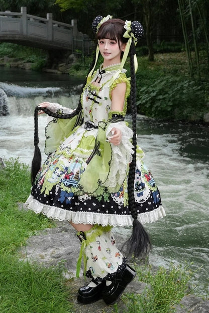 [Pre-order Deadline: October 25] Pink/Green Chinoiserie Lolita Sweet Panda Print Flutter Sleeve Lace Trim Dress + Detachable Flared Sleeves + Leg Covers