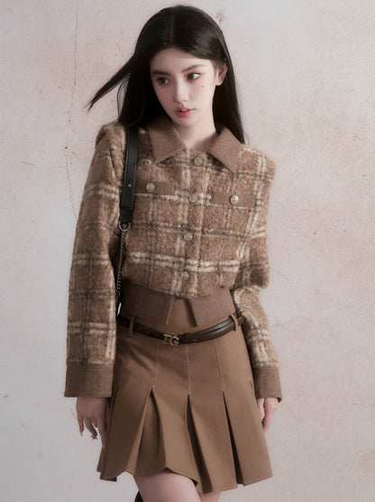 Maillard Style Retro Check Jacket + Pleated Skirt