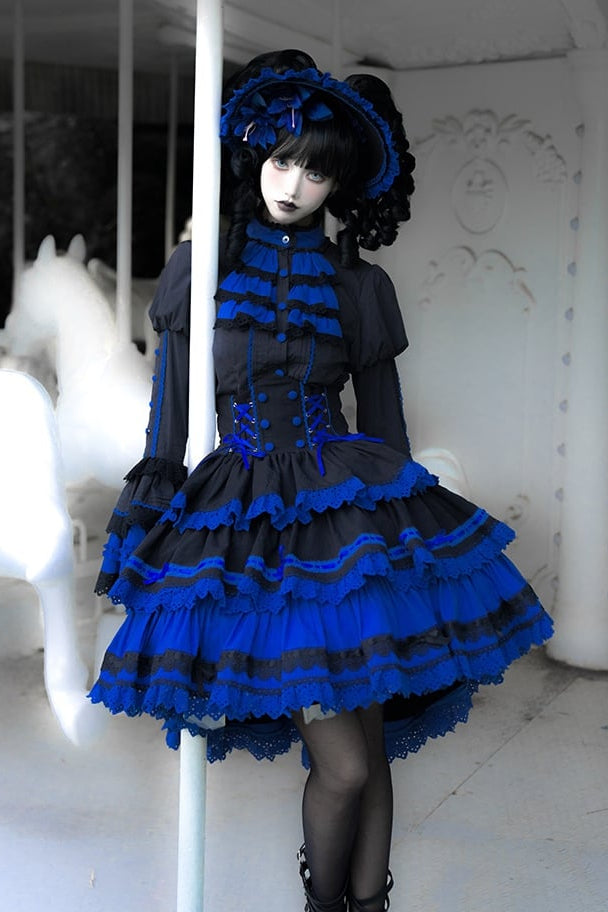 [Vorbestellschluss: 13. Juli] Kleinblaue Gothic-Lolita-Rüschenbluse mit Glockenärmeln