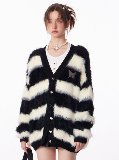 Butterfly Striped Fur Knit Cardigan