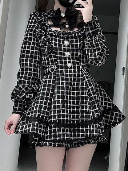 【12月18日予約締切】ジュエルリボンカラーレースチェックホワイトブラックドレスセットアップ