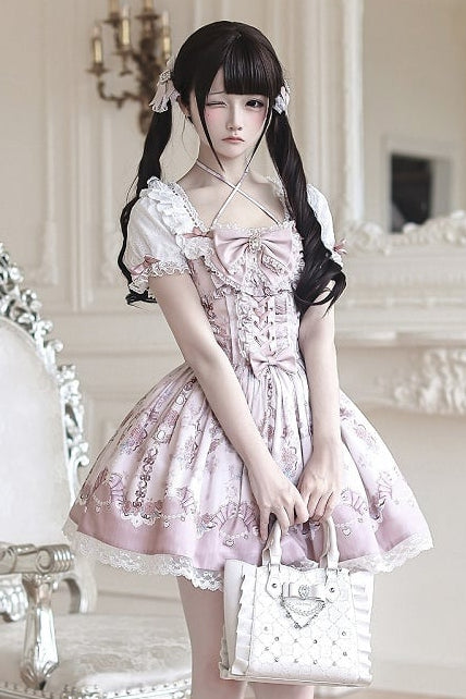 【6月15日予約締切】ロマンティックフローラルピンクレースアップジュエルリボンドレス