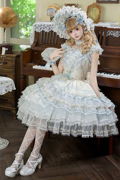 [Reservierungsschluss 1. August] Blau-weißes Sweet-Lolita-Stufenkleid-Set mit Blumenmuster