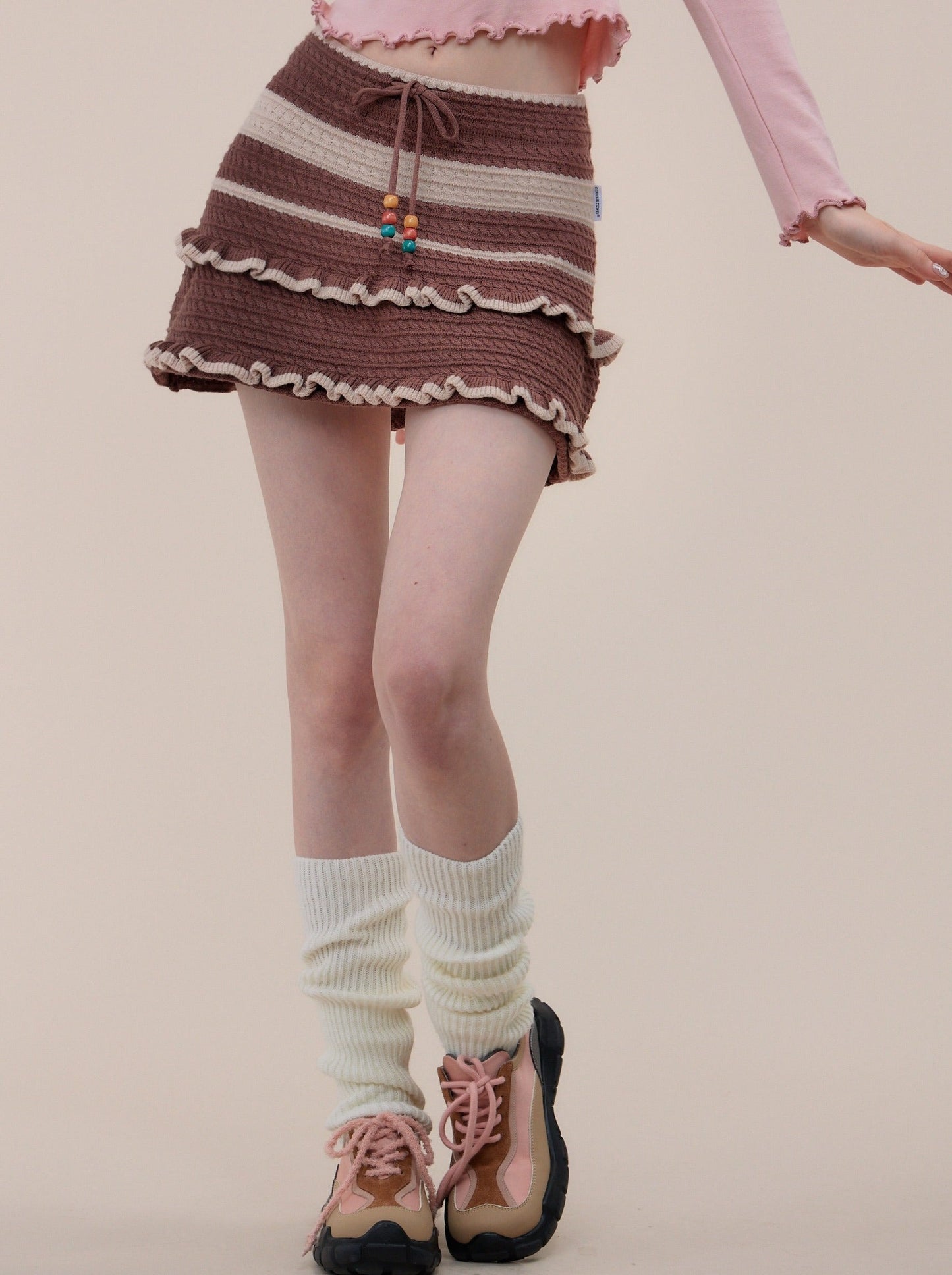 American Retro High Waist Slim A-Line Brown Striped Wool Knit Skirt