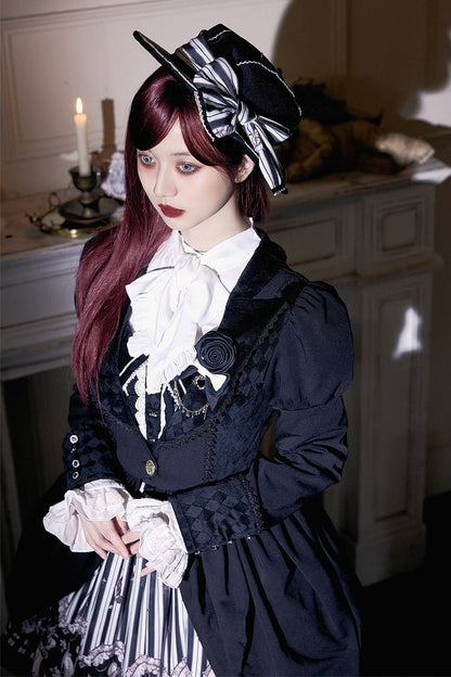 【10月3日予約締切】Black/White Elegant Gothic Series Accessories(Black Butterfly Print Striped Ribbon Hat, Black Rose Ribbon Brooch, Ribbon KC, Hair Clip Pair, Bonnet)