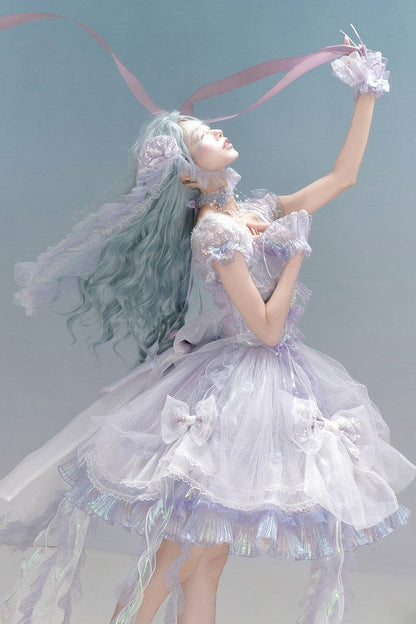 [Reservierungsschluss 1. August] Blau/Weiß/Lila Quallen-Feen-Lolita-Kleid mit Schleifen und Aurora-Schleppe