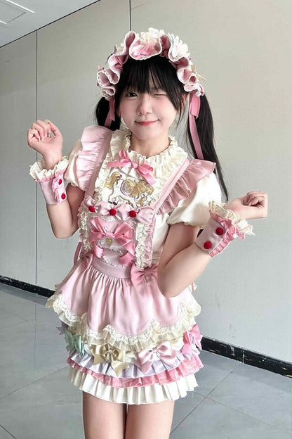 [Reservierungsschluss: 20. August] Dream-Parade Sweet-Lolita-Bluse mit Stickerei und Rüschen + gestuftes JKS-Kleidset mit Pastellschleife