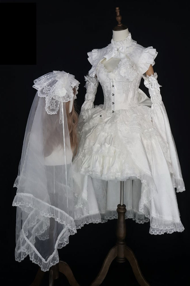 [Date limite de réservation 8 janvier] Set Complet avec Accessoires de Robe Bustier Jacquard Gothic Sombre à Longue Traîne