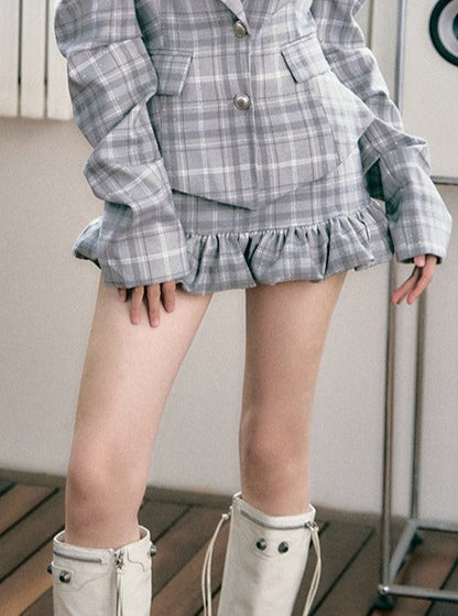 Diamond Check Waist Blazer + Short Skirt + Long Skirt