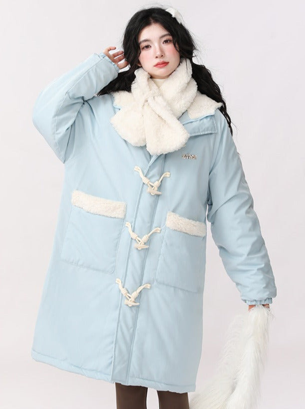 Horn Button Lamb Wool Splicing Hooded Cotton Coat