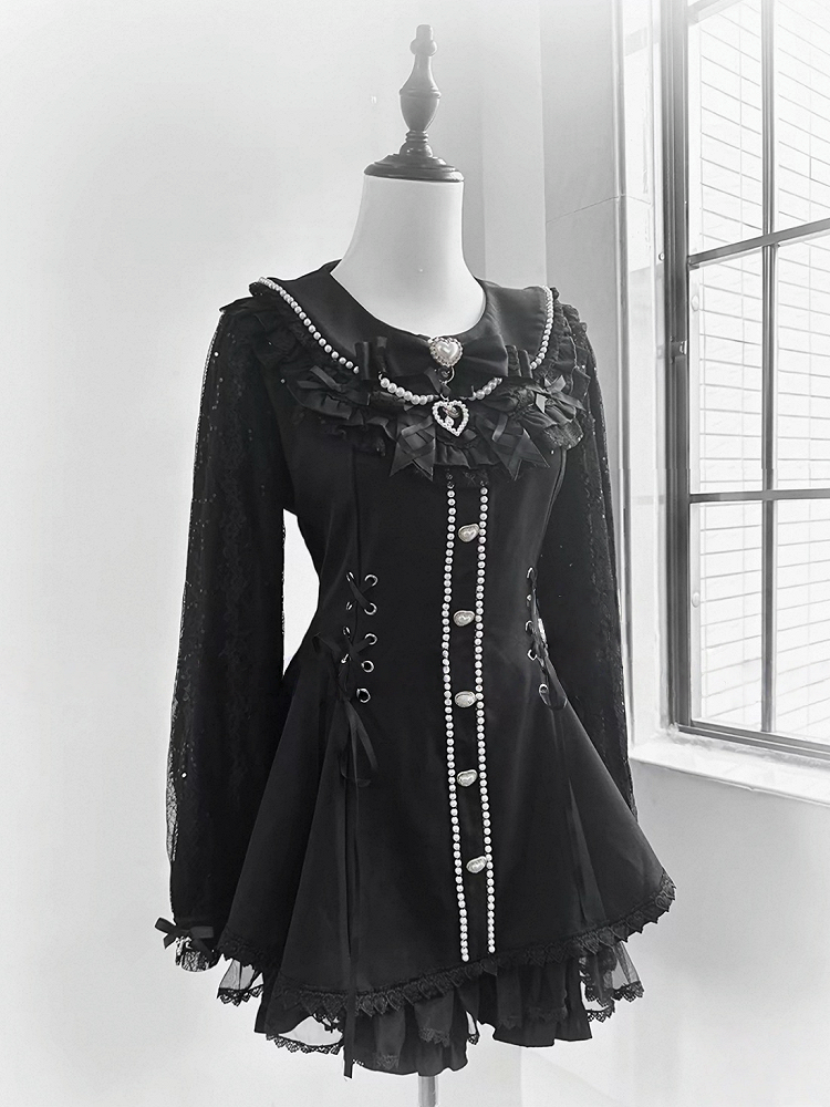 Lace Pearl Collar Long-Sleeve Set